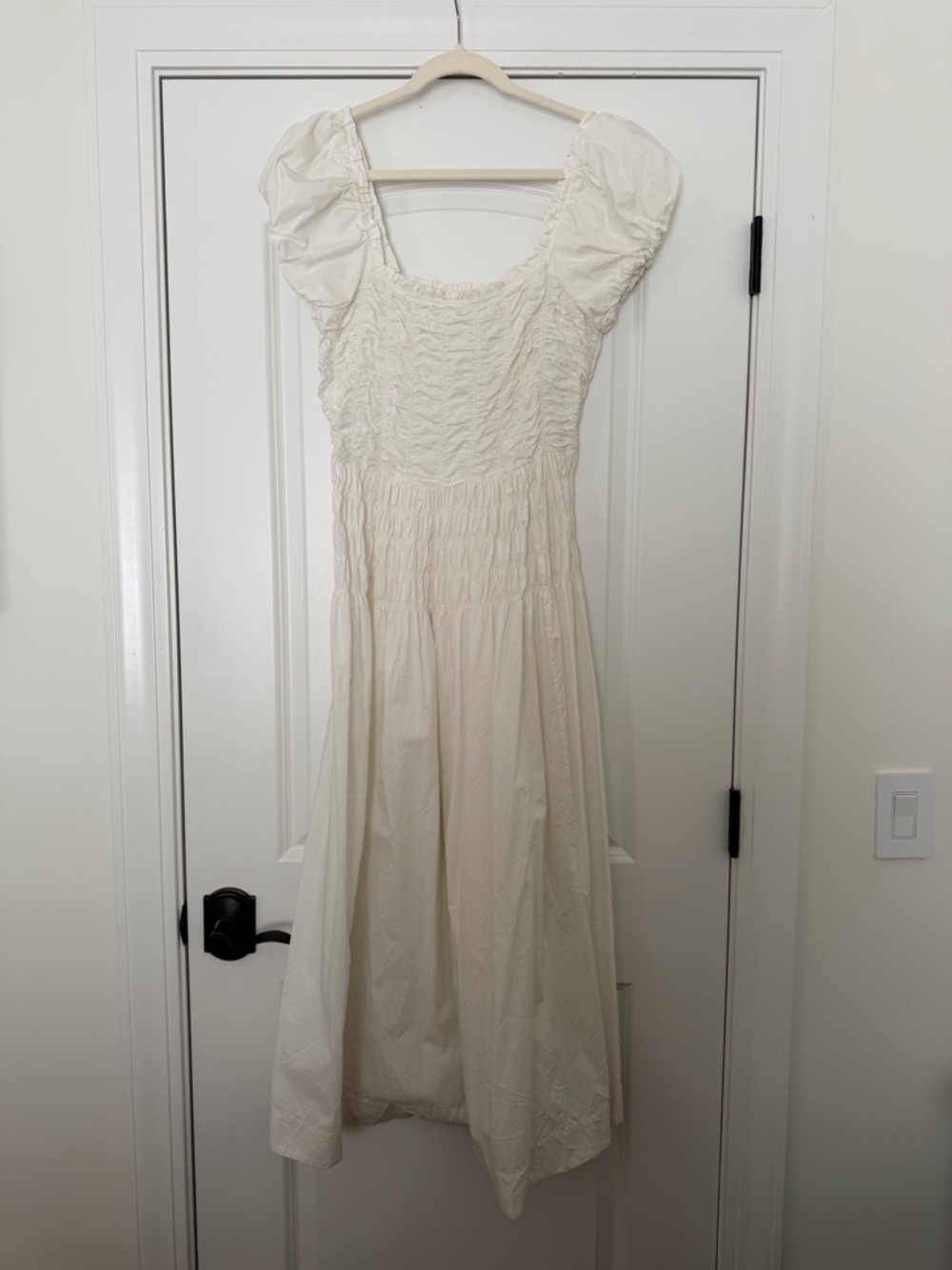 DOEN Katherina Dress Cream Smocked Midi Dress with Puff Sleeves - Picture 3 of 5